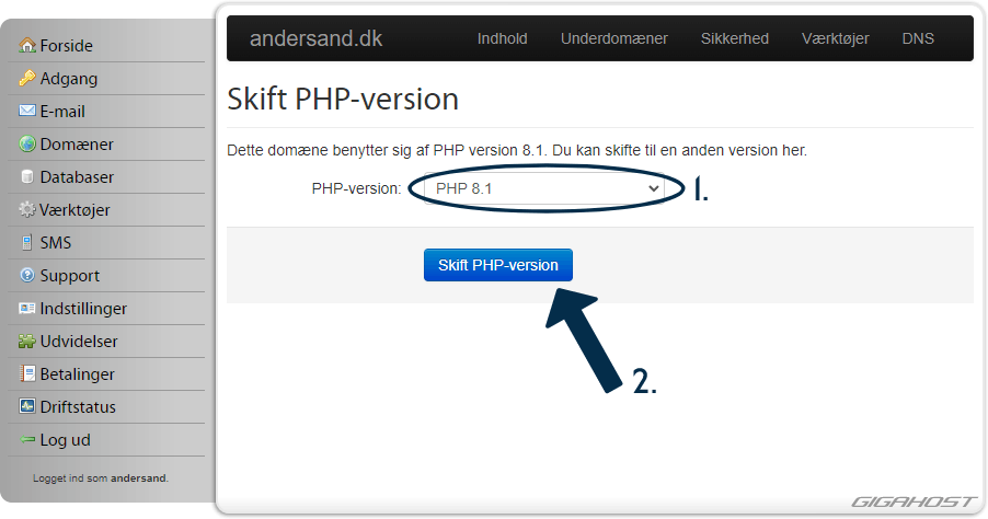 Skift PHP-version for domæne